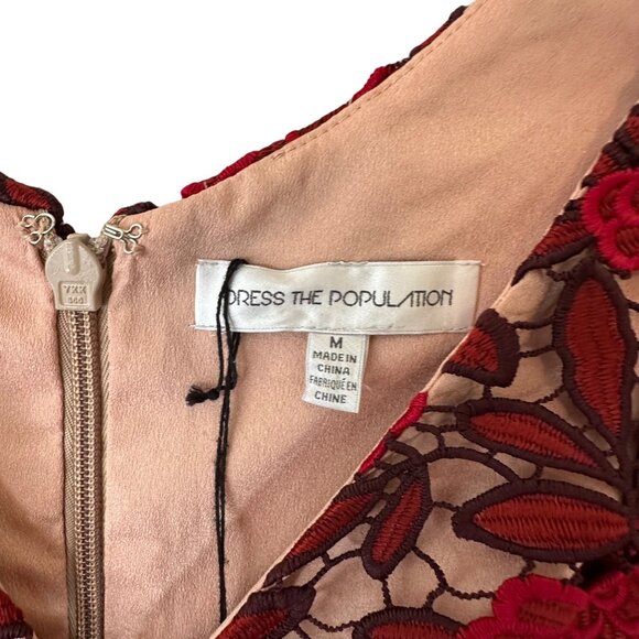 Dress The Population Lily Floral Lace Dress Midi Red & Nude Sz M NWT - Picture 4 of 16